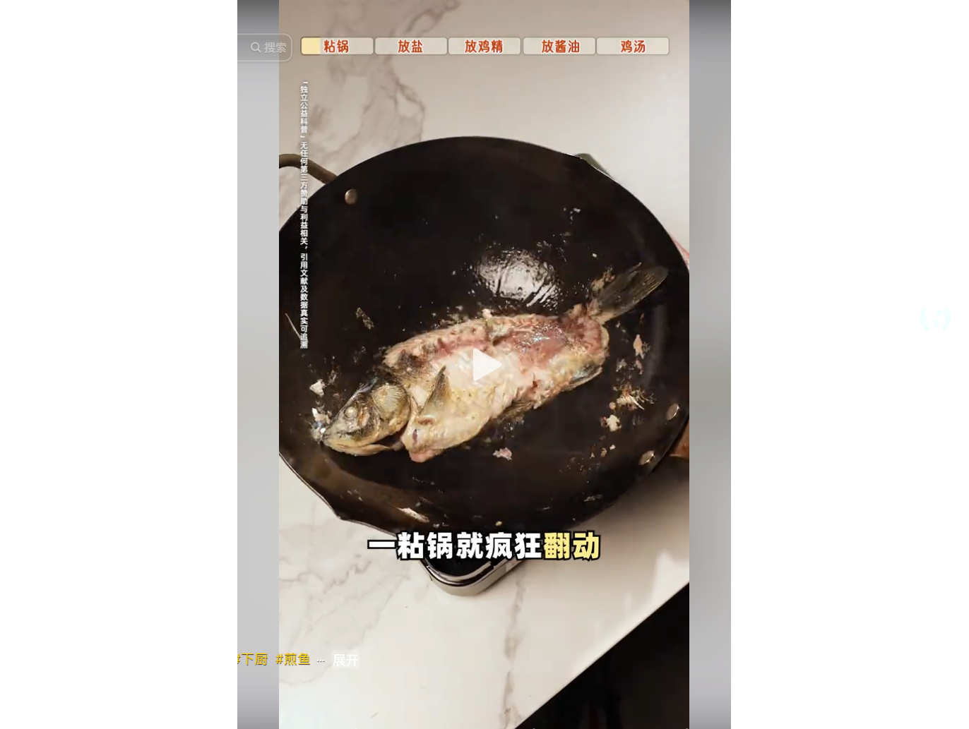 A fish being fried in a pan with text overlays ind